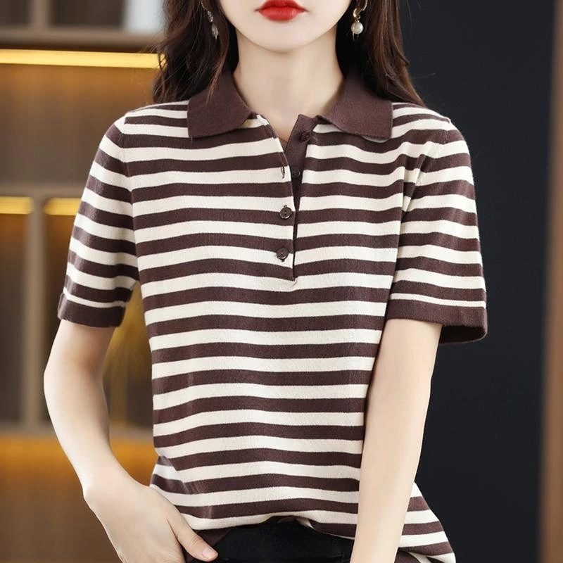 

T-shirt Woman Striped Tops Button Short Sleeve Tee Clothing Cute Polo Neck Shirts For Women Offer Promotion Hot Summer 2024 Sale