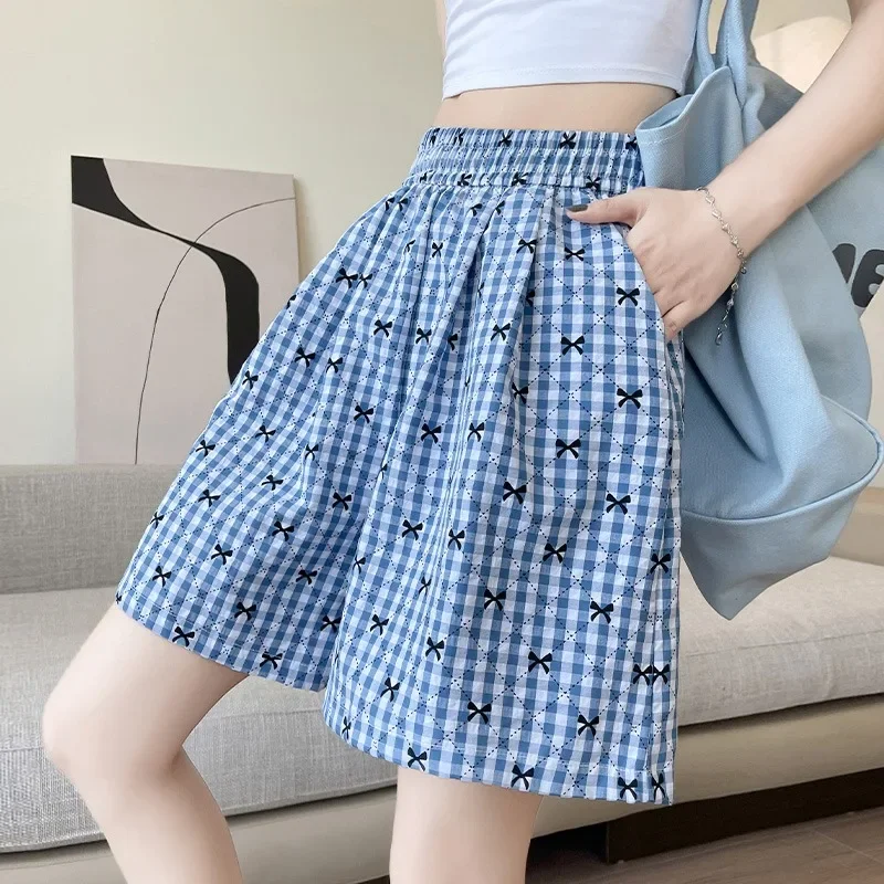 Plaid Elastic Waist Sports Shorts Women Korean Style Casual Wide-legged Pants Fashion Versatile Daily Sweet Girls Shorts Female