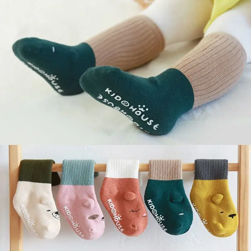 5 pairs Baby Socks Autumn Winter Color blocking cartoon Long Tube Floor Socks Non-Slip Thick Newborn Boys Girls Baby Socks