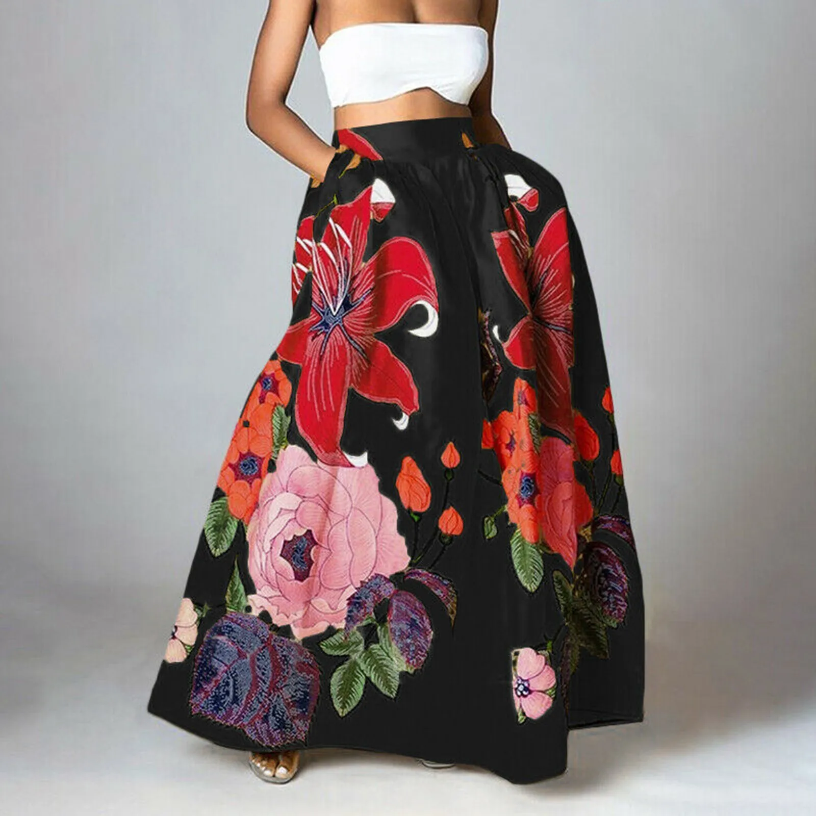 

Ladies Fashion Flower Print Loose Skirt High Waist Double Pockets Large Skirt Ladies Beautiful Elegant Temperament Casual Dress