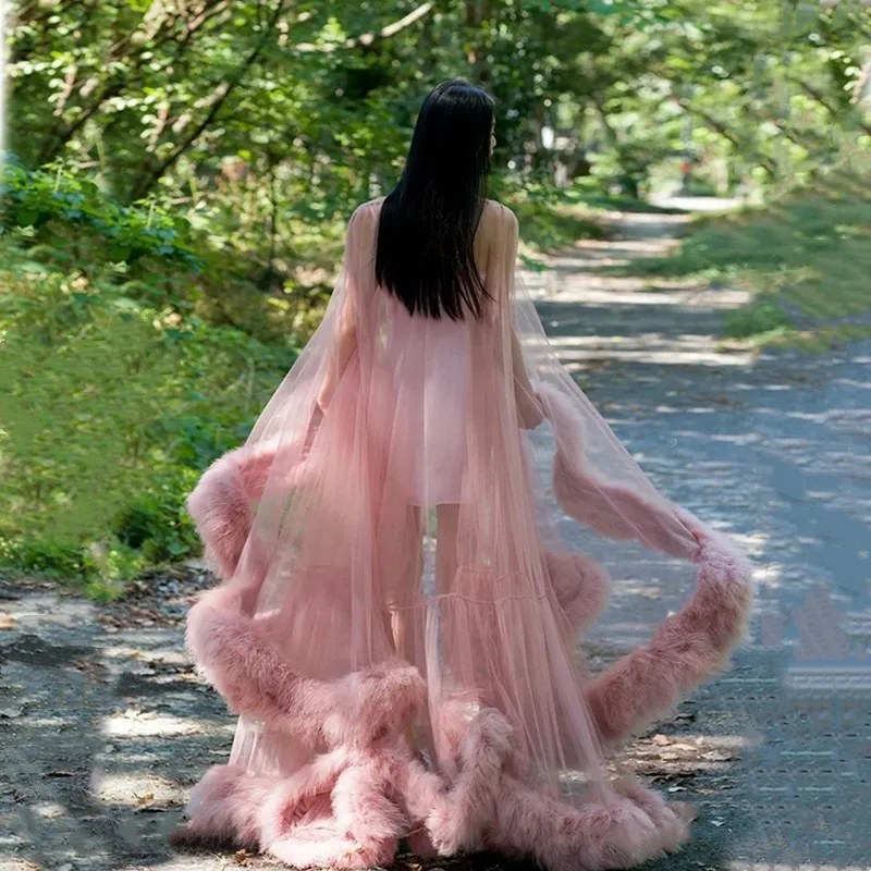 Robe longue en Tulle et fourrure pour femmes enceintes, tenue de soirée ample et élégante, à manches longues, idéale pour un mariage