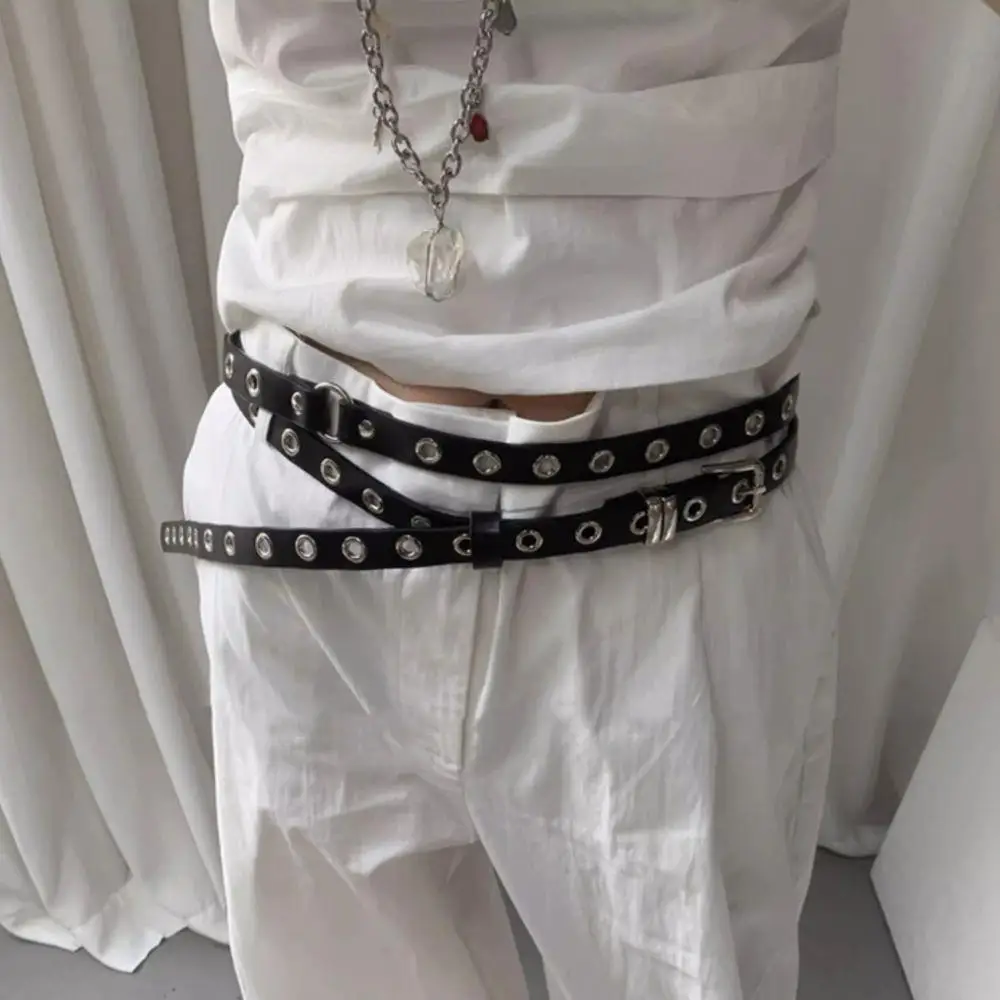 

Регулируемый широкий пояс из искусственной кожи с двойным кругом и цепочкой, в стиле Y2K, для женщин, в стиле панк-ретро, с двойным слоем и отверстиями, с серебристой пряжкой