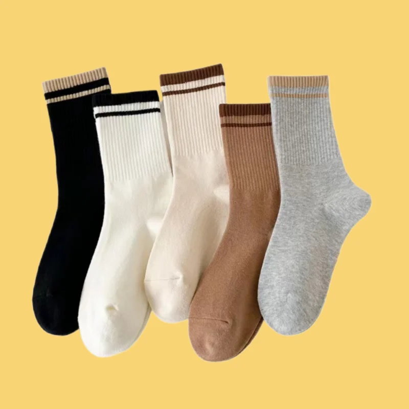 

5/10 Pairs New Fashion Women's Socks Mid-tube Socks Coffee Striped Versatile Long Socks Simple High Elastic Casual Women's Socks