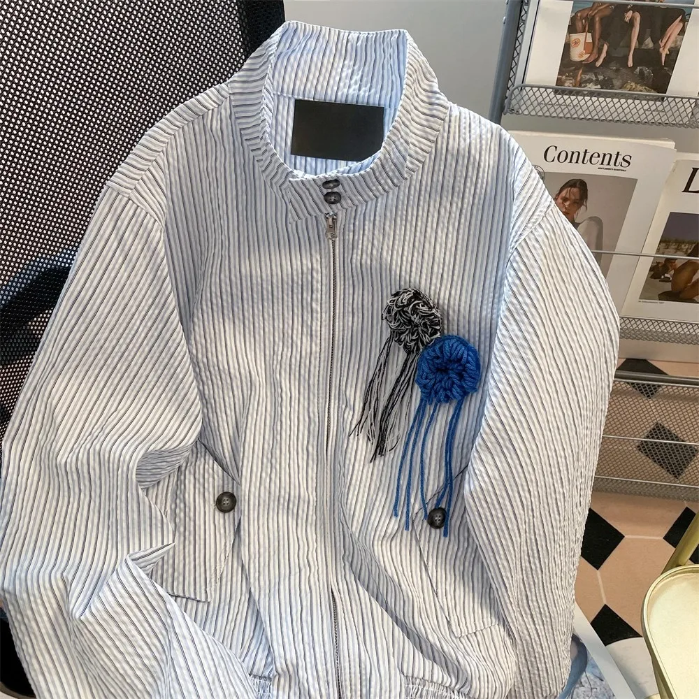 Amerikaans retro borstbloemjack voor dames in de lente / herfst 2022, nieuw designgevoel, collegestijl los gestreept jasje