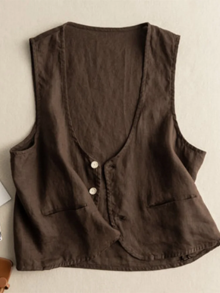 Colete de linho feminino japonês sle fino v-ne solto retro algodão linho jaet outerwear confortável respirável verão topo