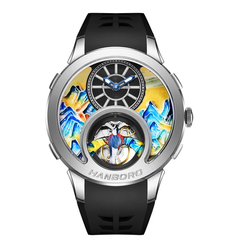 HANBORO Men Automatic Watch 43.6mm Vinatge Mechanical Wristwatch Luminous Enamel Carved Painted Mountain Skeleton Dial