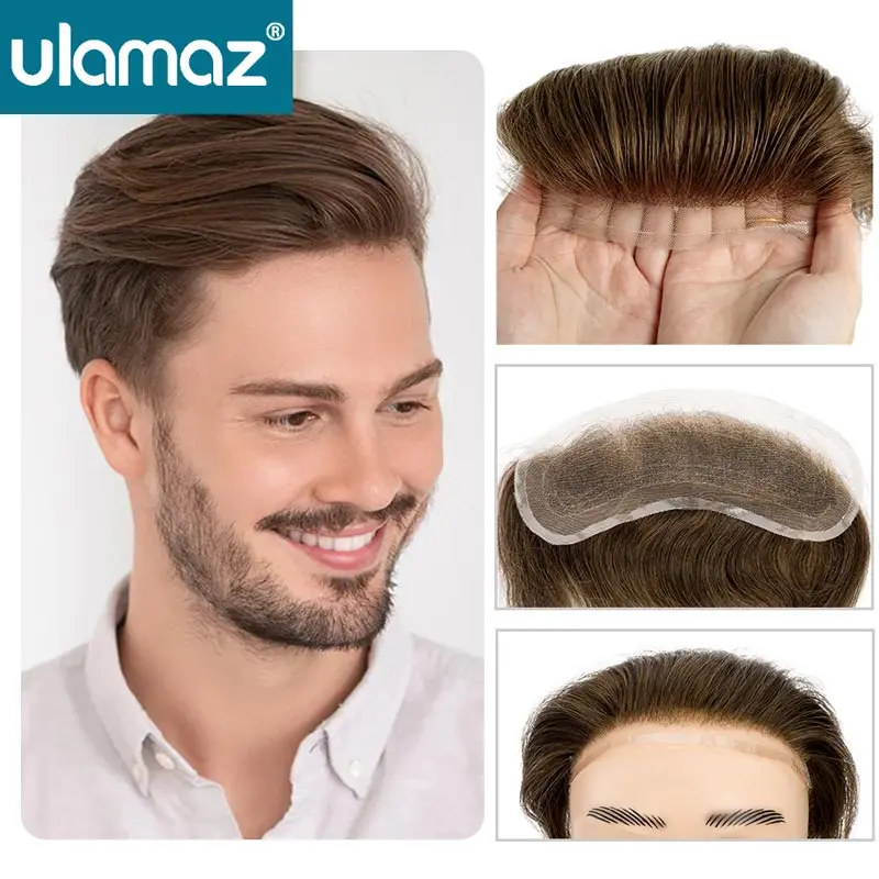 Forhead Hairline Full Lace Hair Piece Men's Frontal Hair Patch For Men Human Hair Lace PU Natural Hairline Hairpiece Bleach Hair