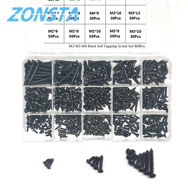 460Pc M2 M3 M4 Phillips Ronde Kop Zelftappende Schroef Set Rvs Pan Head Black Carbon Staal Hout schroeven Assortiment Kit