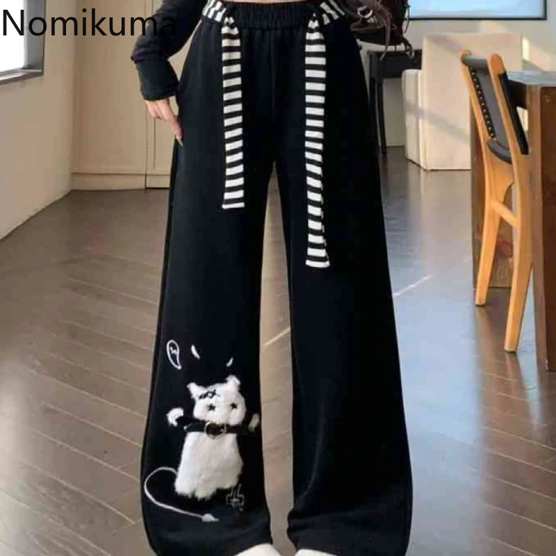 2025 nuevos pantalones de chándal japoneses, pantalones de pierna ancha dulces a la moda para mujer, pantalones informales con bordado de gato bonito para mujer