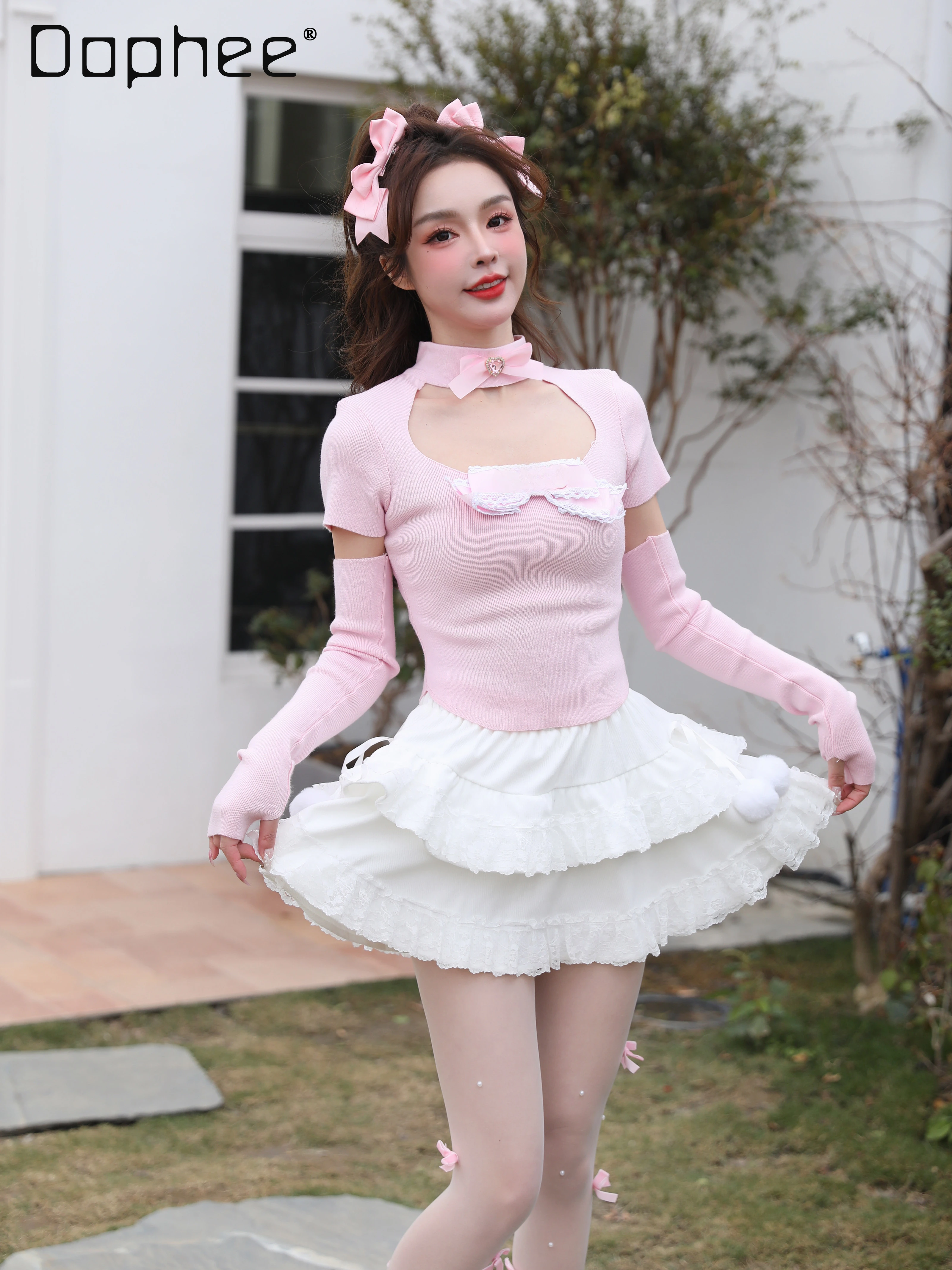 Sweet Princess Embroidered Bow Short Knitted Top 2024 Spring New Cute Lace Trim Slim High Collar Sleeve Knitting Sweater Mujer