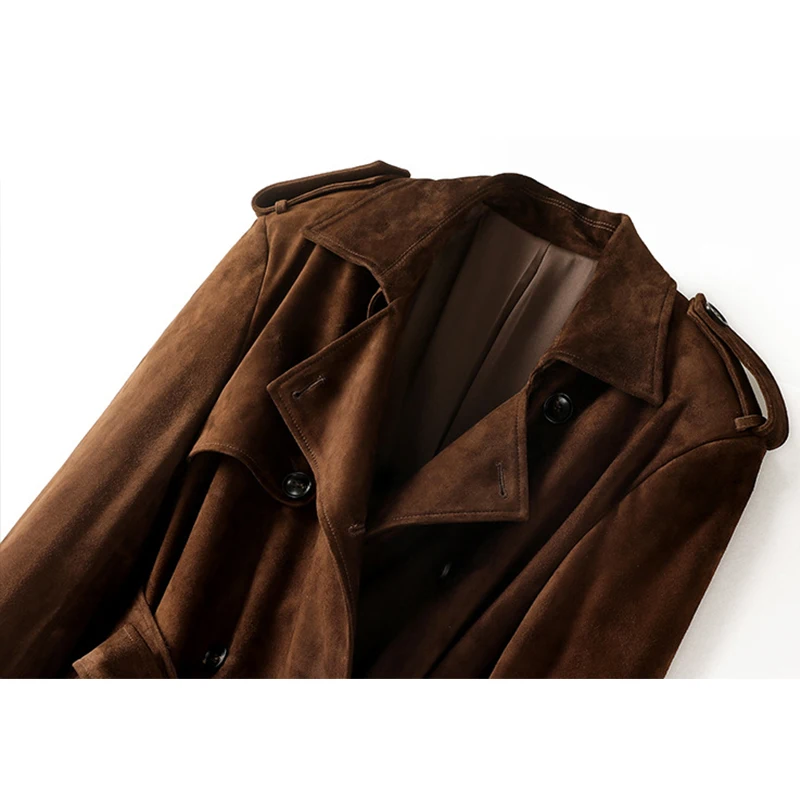 100 % echtes Leder Trenchcoat Damen High Luxus Ziegenleder Wildleder Retro Braun Kaffee Verlängern Schnürung Zweireiher Trenchcoat