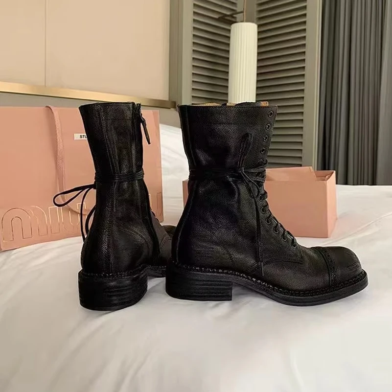 Meotina Women Ankle Boots Round Toe Thick Mid Heels Lace-up Zipper Short Boots Concise Lady Fashion Shoes Autumn Winter Black 40 image 5