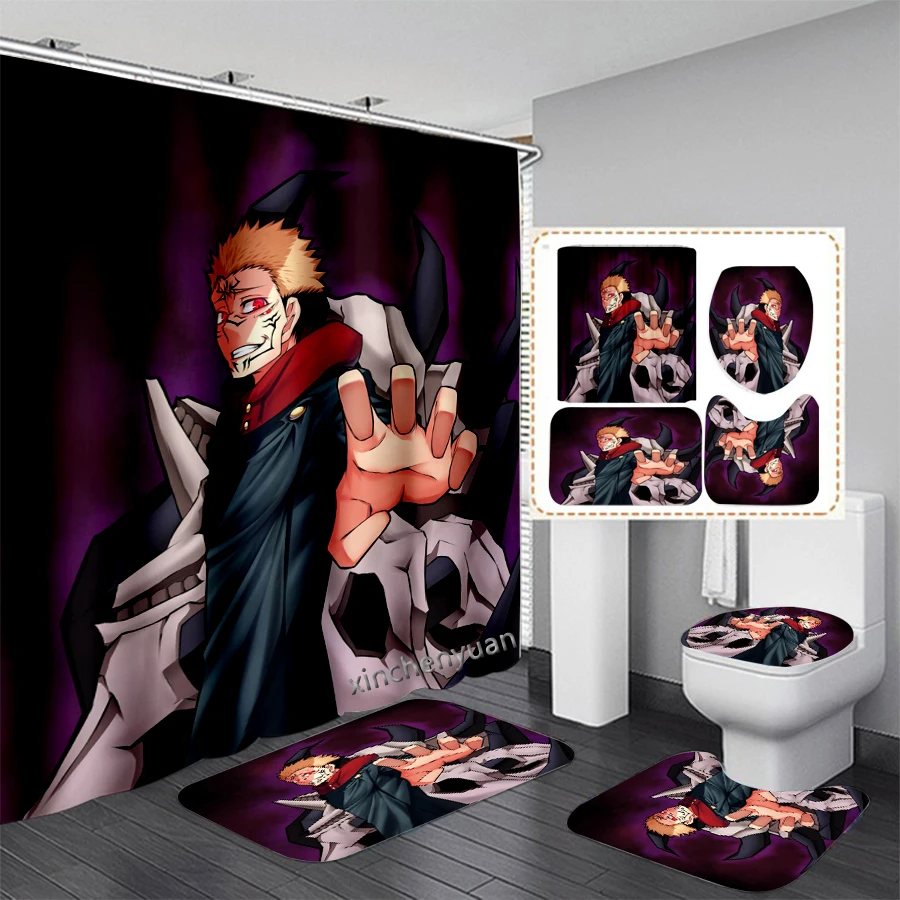 Phechion Anime Jujutsu Kaisen 3D Print Waterdichte Badkamer Douchegordijn Wc Cover Mat Antislip Vloermat (1/3/4Pcs) w41