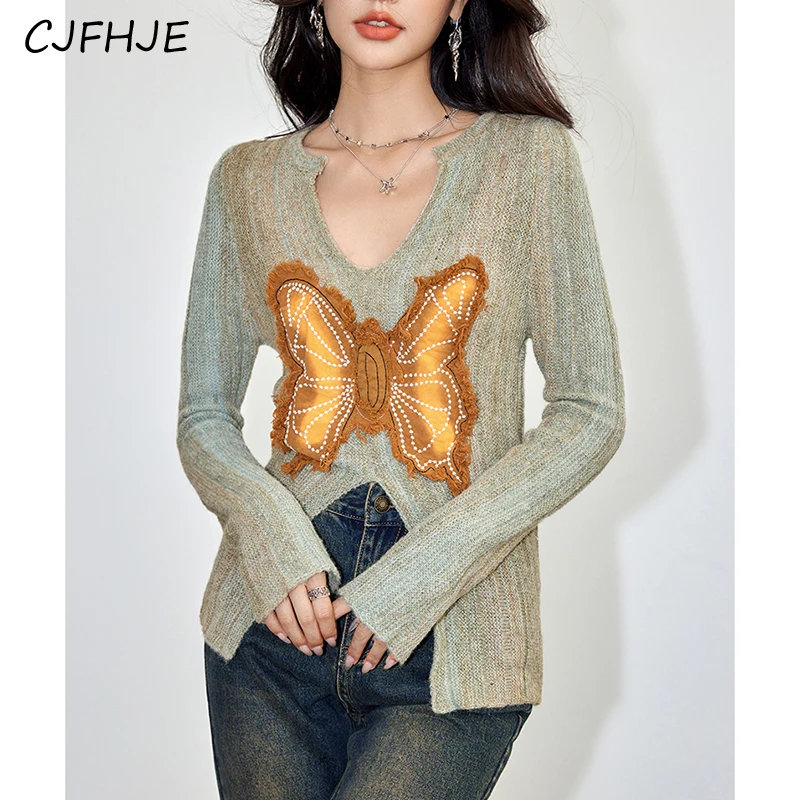 CJFHJE Spring Women's Gradient Knitted Shirt Korean Fashion Design Butterfly Patch Embroidery Slim Fit Women Sweet Knitted Top