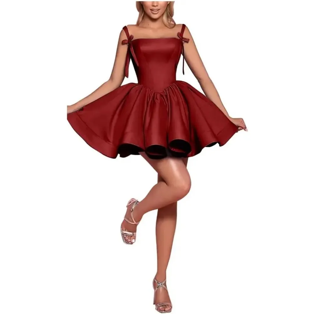 

Sexy Satin Homecoming Dresses for Teens Spaghetti Straps A-Line Puffy Short Prom Dresses Party Cocktail Dresses Graduation Dress