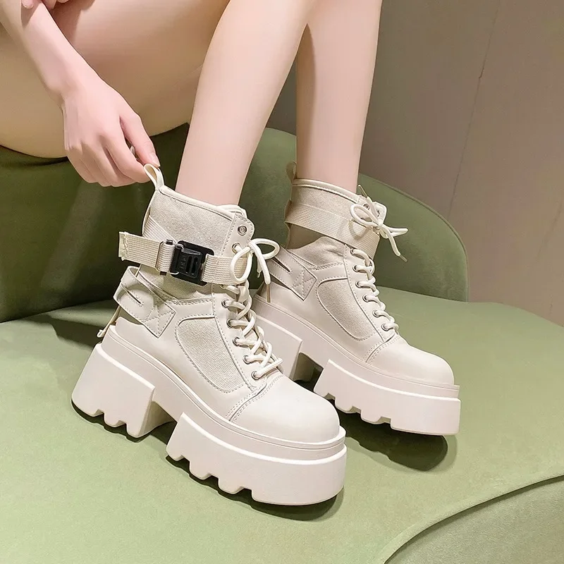 Women\'s High Platform Motorcycles Boots Autumn Spring 7.5CM Heels Ankle Boots Female Chunky Sneakers Winter Leather Shoes Woman