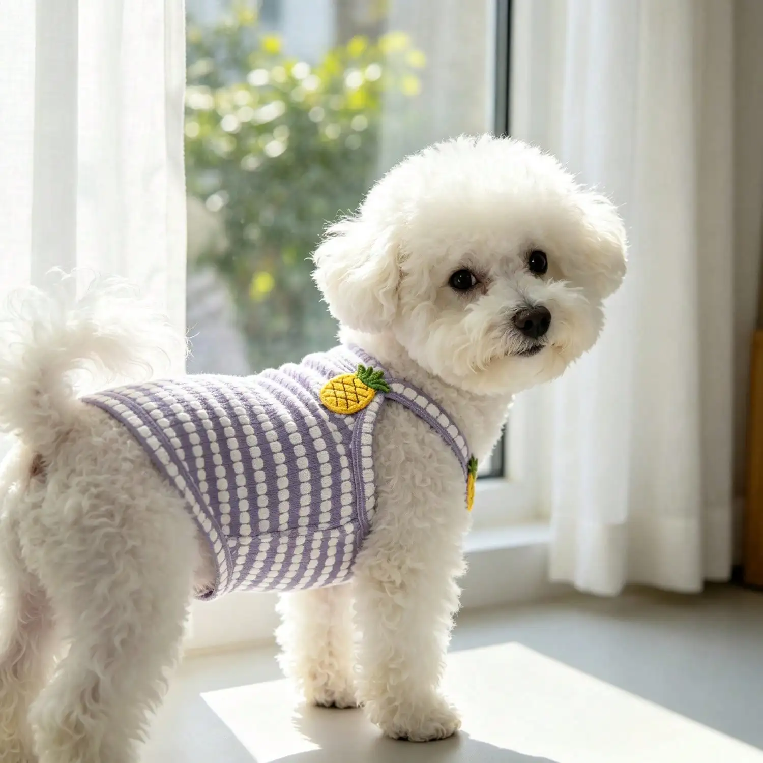 1 Stück gestreiftes Strick-Hundetanktop mit 3D-Frucht-Blumen-Ornament, atmungsaktive Welpenweste für kleine Hunde – Detail 18