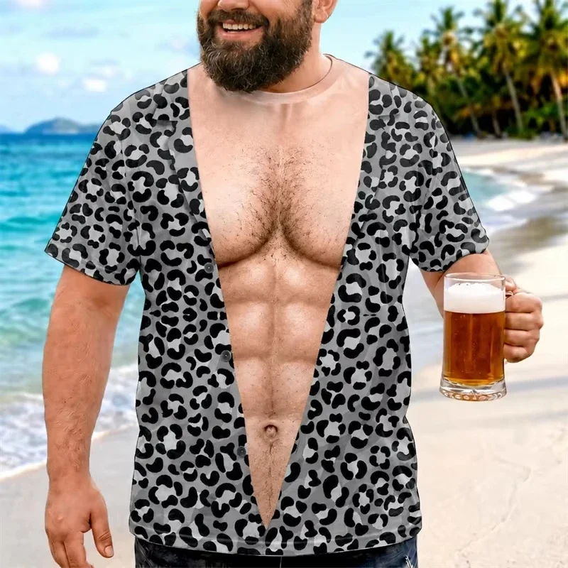 Men Novelty Leopard Fake Open Shirt T-Shirt 3D Printed Fake Six Pack Abs Graphic Tee Summer Beach Vacation Funny Party Tops