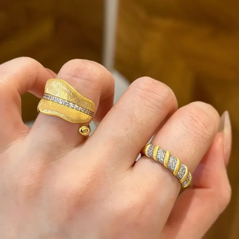 Light luxury wire drawing bananas leaf shaped diamond inlaid  ring Couple High quality retro palace style irregular ring jewelry