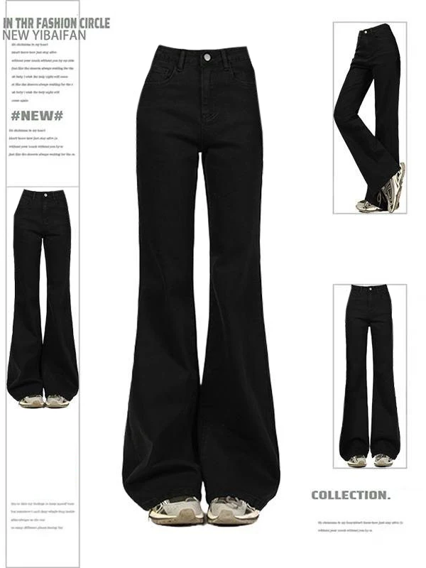 

Женские черные джинсы-клеш больших размеров, весна-лето, новый стиль, с высокой талией, облегающие, на молнии, удобные, дышащие