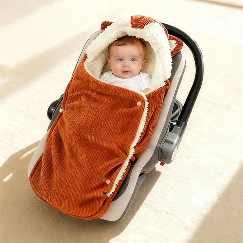 秋冬用厚手暖かいベビーフード付き寝袋ラムウール新生児用おくるみラップ外出用ベビーベッドカーシートブランケット