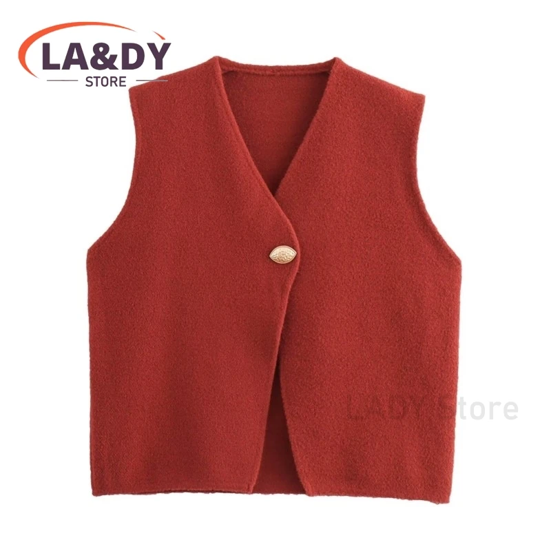 Waistcoat Tops Woman 2024 Autumn Fashion V-Neck Leafage Buckle Knit Vest Female Solid Color Casual Sleeveless Tank