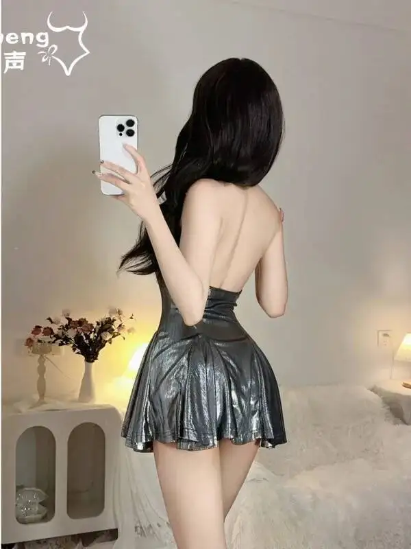 Exotic Summer Fashion Women\'s Clothing 2024 New Solid Color Simple Shiny Sexy Nightclub Hanging Neck Bareback Elegant Dress 81UB