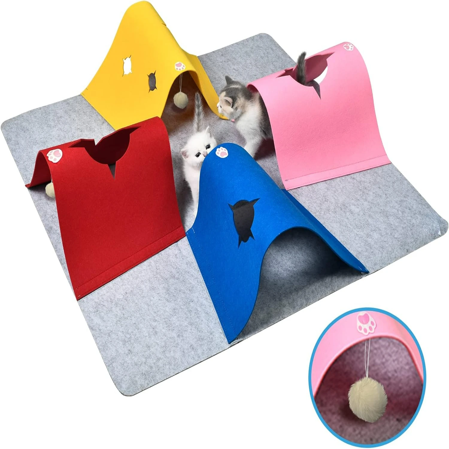 

Cozy Felt Cat Toys Cave, Collapsible Cat Activity Mat with Tunnel, Plush Ball - Perfect for Indoor Cats, Small Animals, Pets, Ki