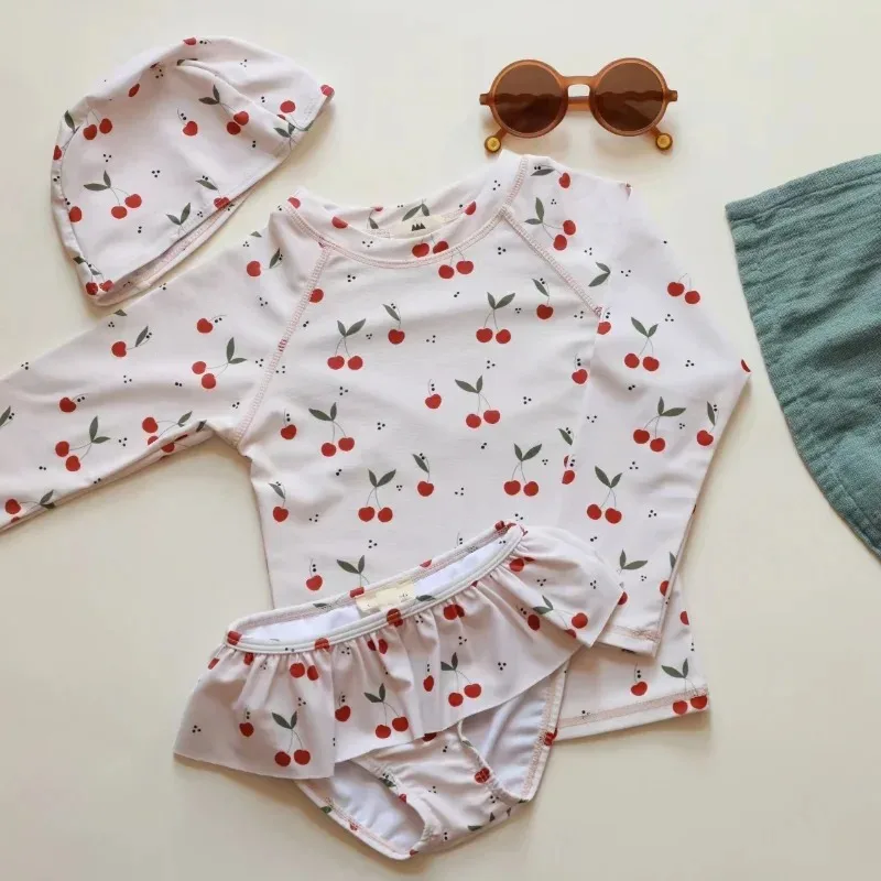 Kids Girl New Summer 2pcs Swimwear Sets Long Sleeves tops Rabbit Cherry Swimm Trunks+Cap Fast Dry Conservative Swimsuit H6615