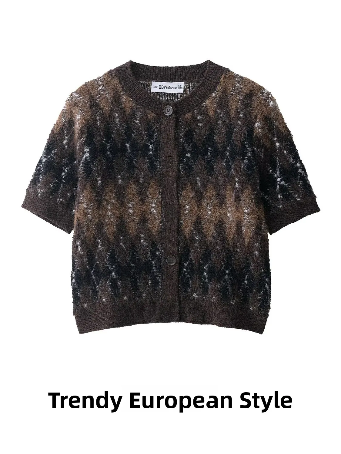 

Trendy European Sle Women's Knitted ort Sve Diamond Patterned Jaet Autumn 2025 Polyester Fiber round Ne Buttoned C...