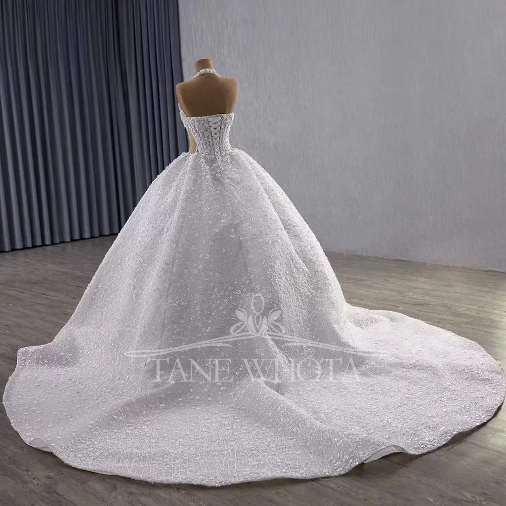 Wedding Dress Customizable Bridal Ball Gown Halter Sleeveless Lace-Up Back Beaded Sequined With Appliques