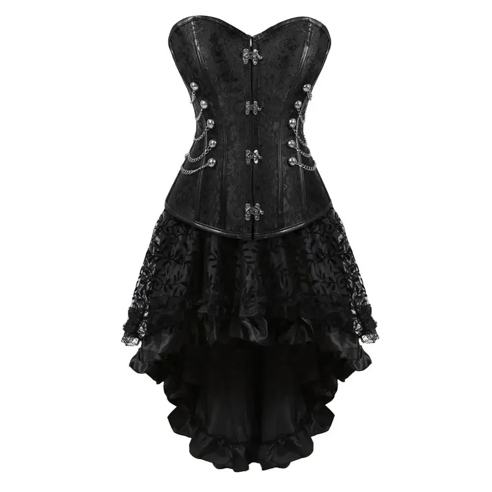 

Pirate Corset Skirt Steampunk Leather Corsette Gothic Bustier Dress Sexy Lace Up Corsage Female Evening Gowns Costumes Plus Size