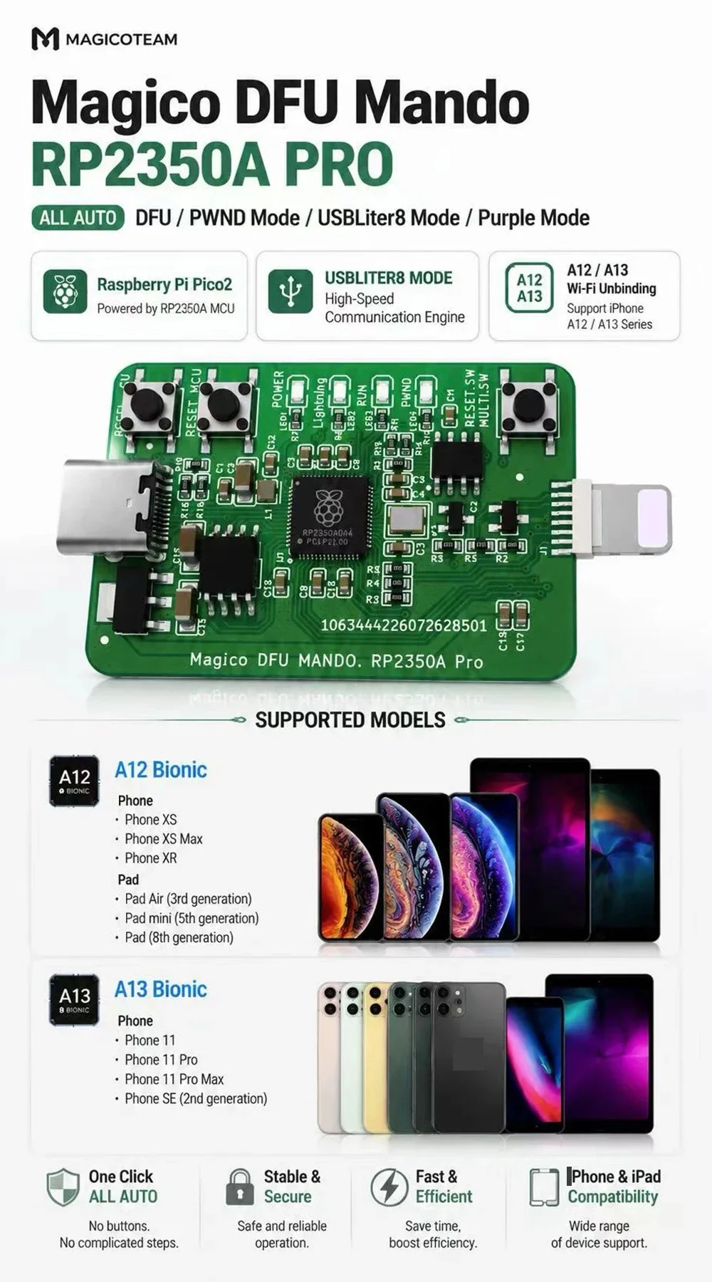 Magico DFU Mando RP2350A Pro All Auto PWND Purple für iPhone XR-11PM A12 A13 – Detail 4