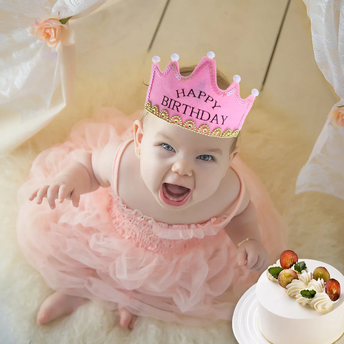 

Glitter Non-Woven Fabric Crown Headband Pink Shiny Glowing Headdress Hair Accessories Birthday Celebration