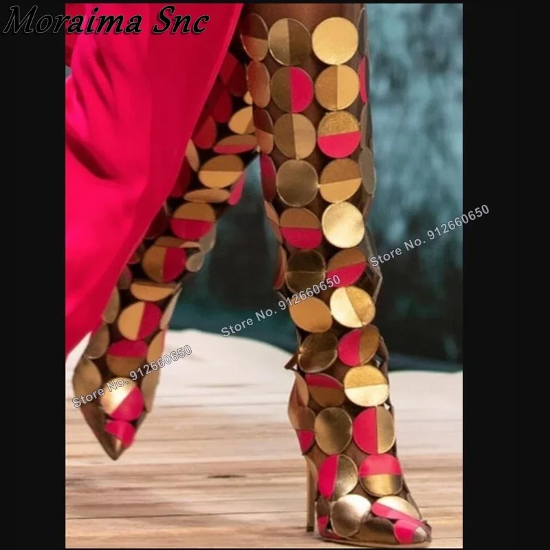 

Moraima Snc Gold Hollow Round Decor Boots Shoes for Women Mixed Color Sexy Stilettos High Heels Fashion Runway Shoes on Heels