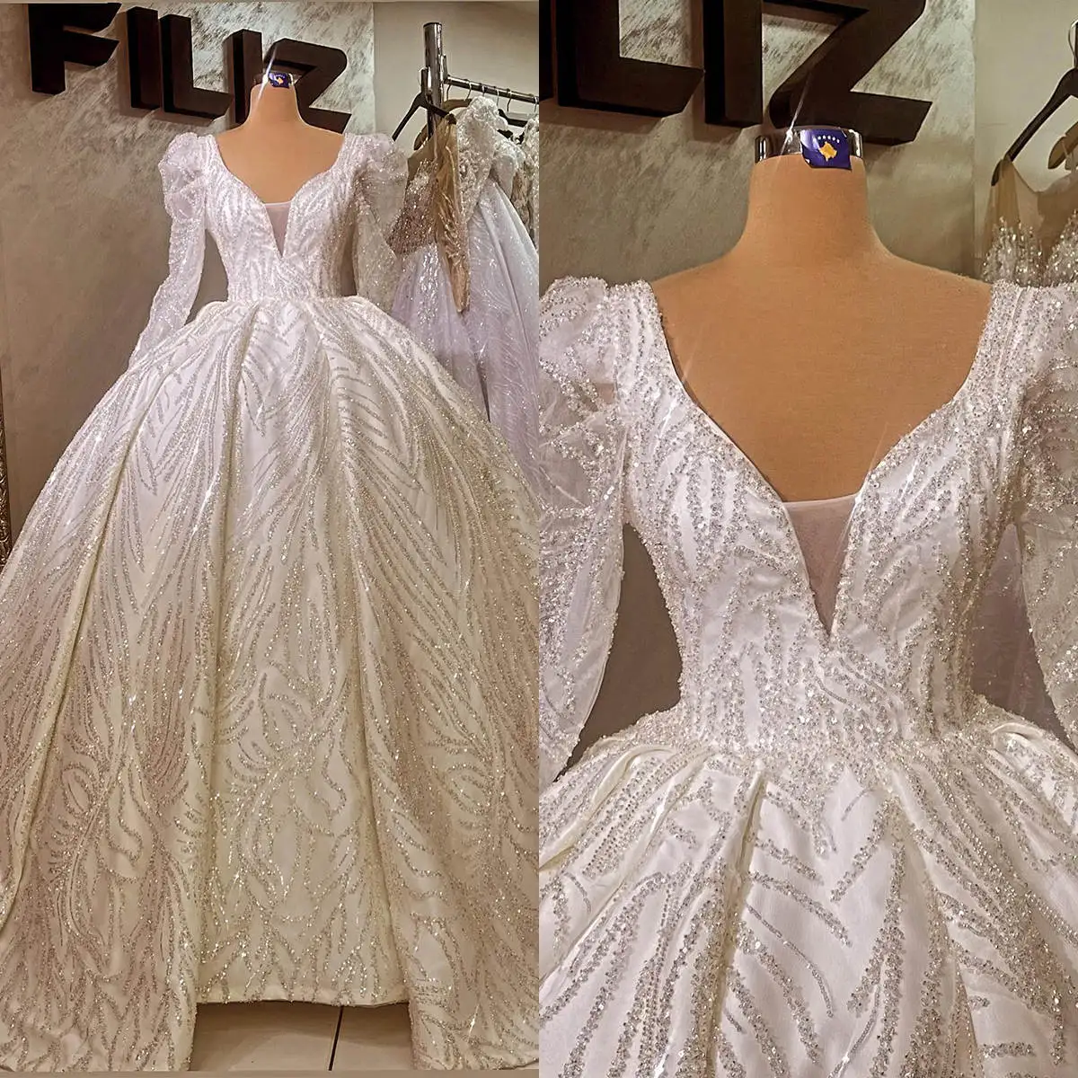 Abito da ballo classico abito da sposa con scollo a V e scollo a V con spalle scoperte abiti da sposa a maniche lunghe a sbuffo di moda Vestido De Novia