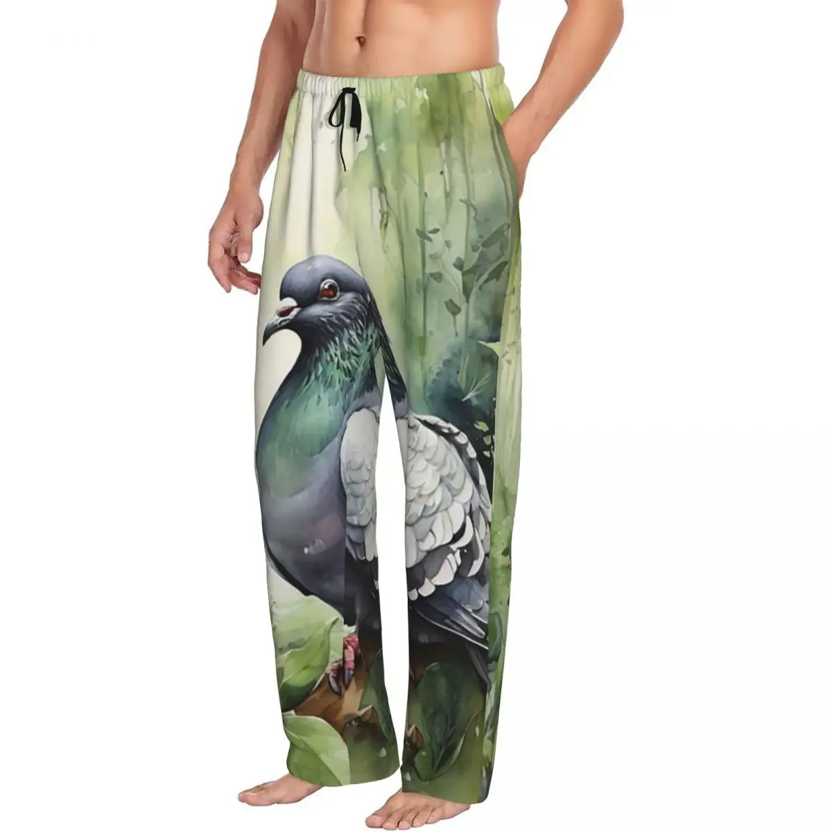 Custom Pigeon Watercolor Painting Pajama Pants Men Sleepwear Sleep Lounge Bottoms with Pockets