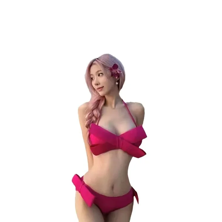 Novo sexy rosa vermelho bandeau biquinis duas peças maiô feminino banho praia arco atado fatos de banho coreano conjunto biquíni piscina 2024