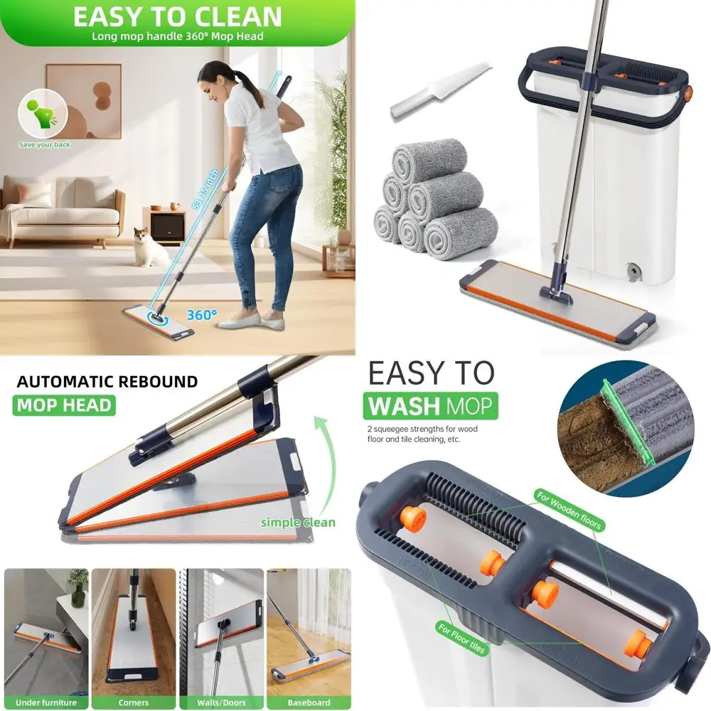 

360° Squeeze Mop with Long Handle, 6 Microfiber Cloths, and Slim Bucket for Home Floor Cleaning (White+Blue)