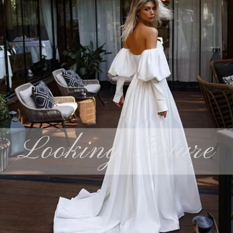 Morden SatiN A Line abiti da sposa per donna Sweetheart Flare Sleeve Plain White Bride Gown pieghe Sweep Train Vestido de Novia