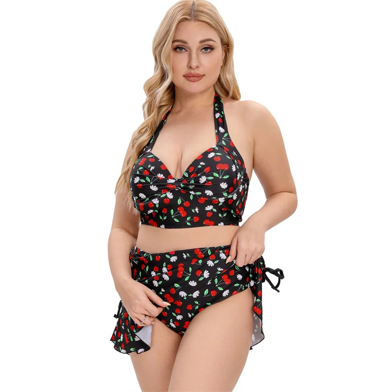 2024 Swimwear Padded Two Piece Bikinis Set Push Up Plus Size Women Halter Bathing Suits High Waisted Swimsuits with Skirt Female