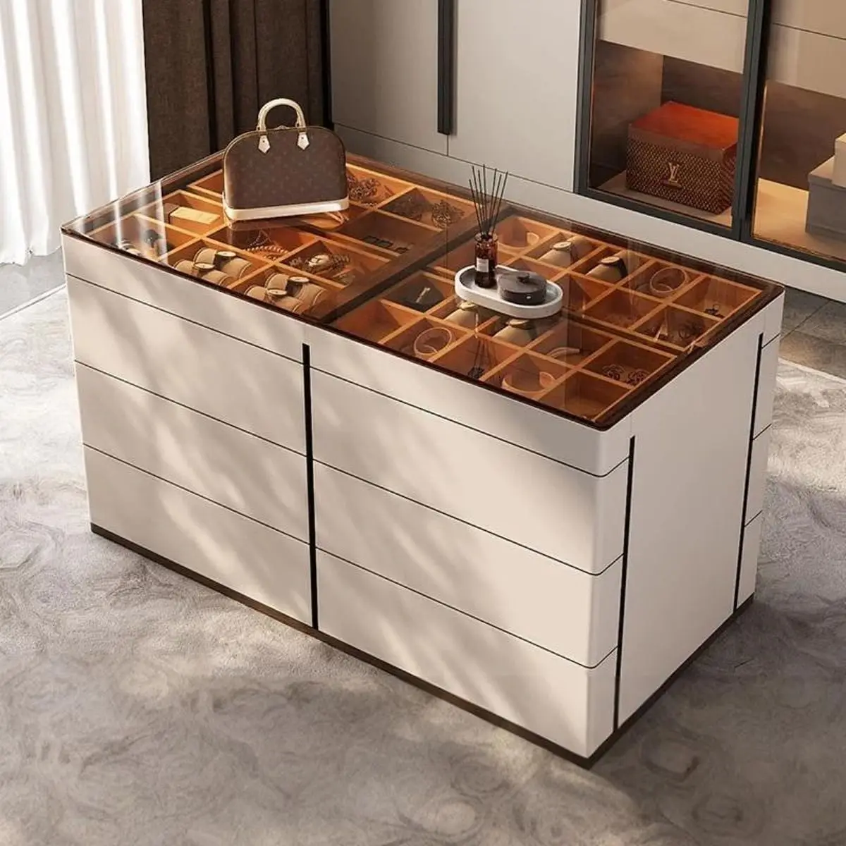 Light luxury high-end cloakroom, island cabinet, jewelry display cabinet, black household storage, bucket cabinet, integrated je
