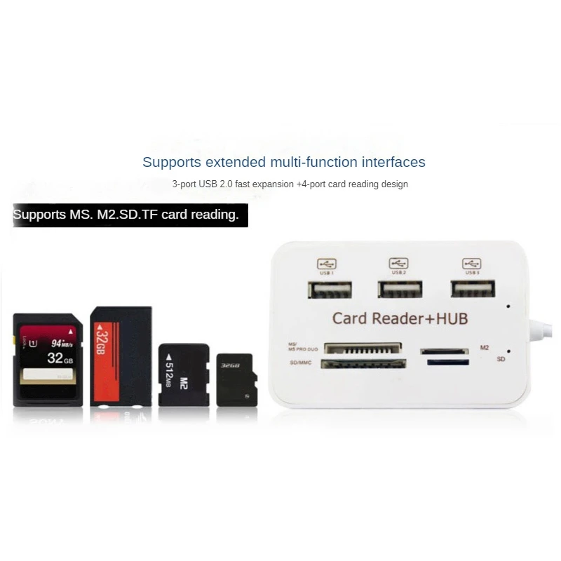 1 PCS 3 Port USB HUB 2.0 Splitter Combo Card Reader 7 In 1 Portable Support TF SD M2 SDHC Card Read Write