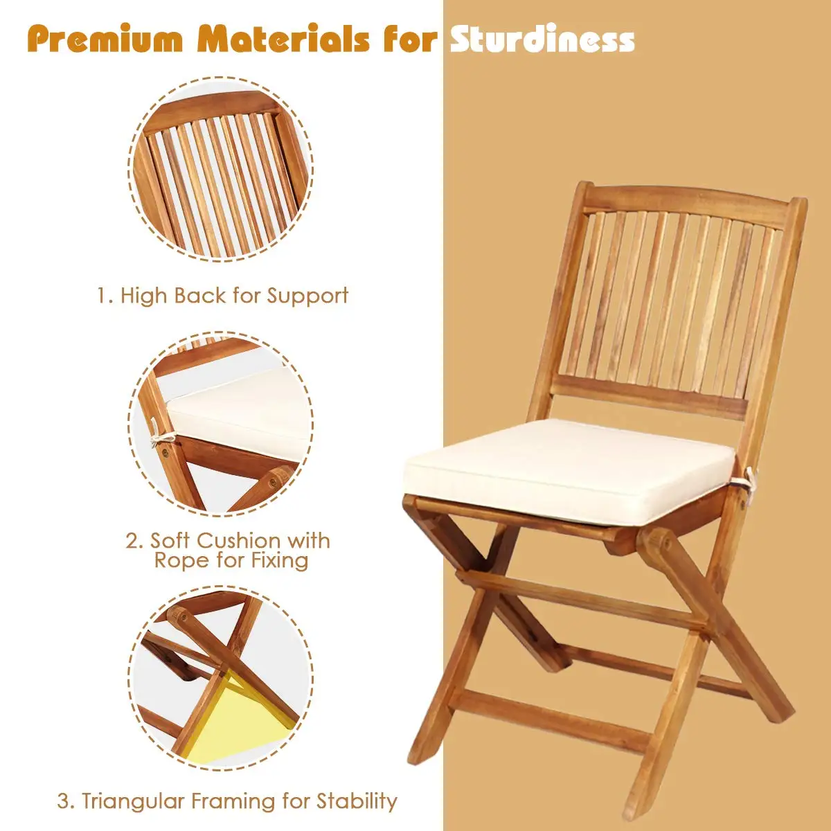 new 3 Pieces Patio Bistro Set, Acacia Wood Folding Bistro Set with Round Coffee Table & Padded Cushion, Outdoor Bistro, Customiz