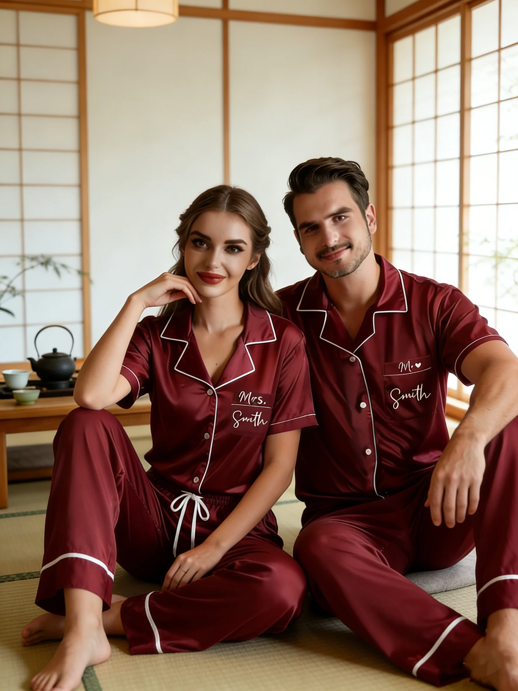 

Парные атласные пижамы для влюбленных, персонализированные пижамы с монограммой «Мистер и миссис», идеально подходят для свадебной вечеринки и медового месяца.