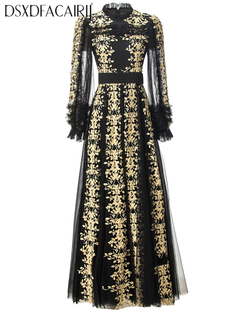 DSXDFACAIRIJ فستان ماكسي شبكي مطرز بالزهور للنساء بياقة واقفة وأكمام واسعة وكشكشة فساتين عتيقة موضة الخريف للسيدات