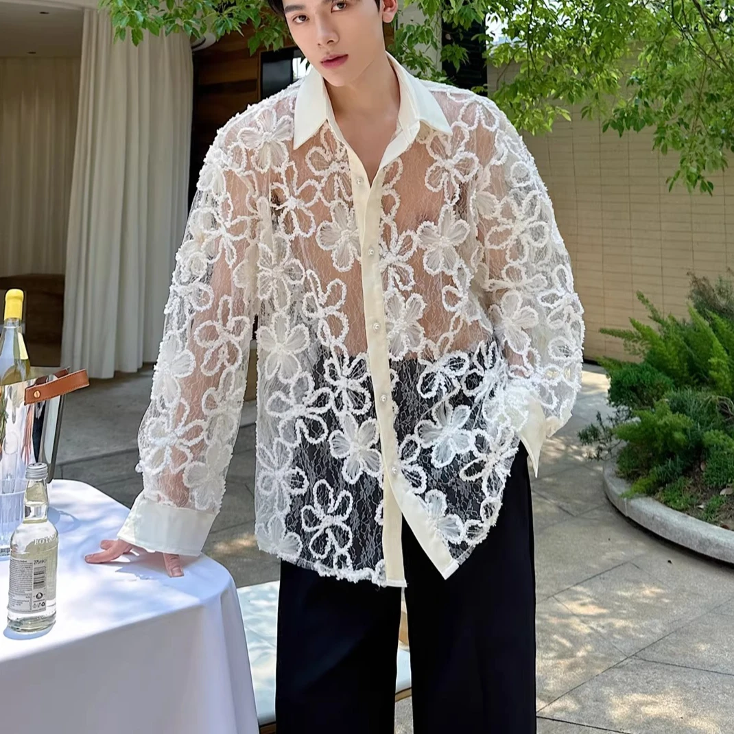 New 3D Lace Floral Long Sleeved Shirt for Men's Trendy See Through Shirt High Street Nightclub Stage Performance Star Shirts