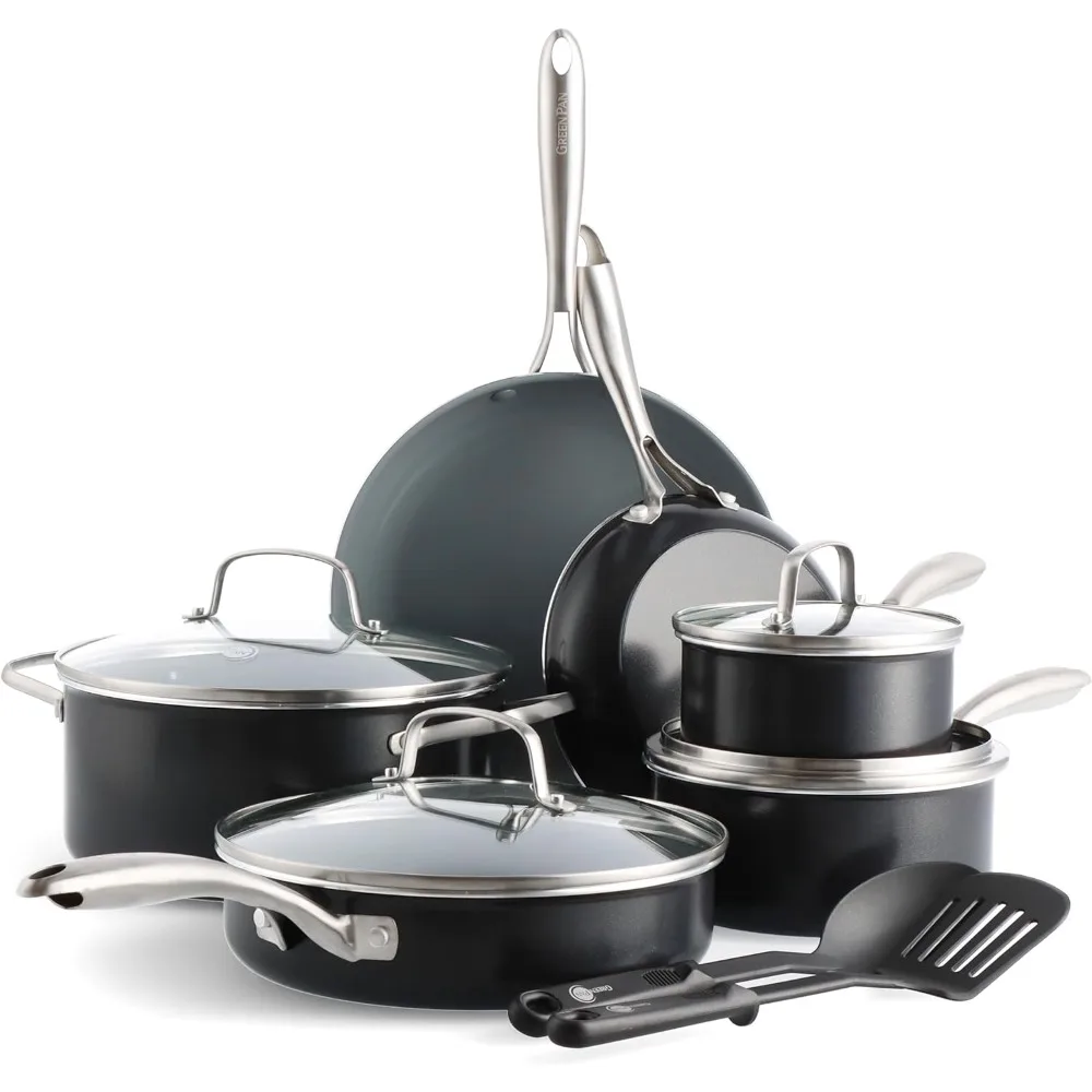 

Healthy Ceramic Nonstick, 12 Piece Cookware Pots and Pans Set, Stainless Steel Handles, PFAS-Free, Dishwasher Safe