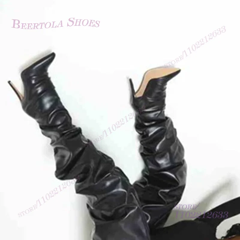 Pleated Thigh High Black Patent Leather Loose Boots Women Stiletto Pointed Toe Hot Chick Sexy Slip On Custom Leather Color Shoes