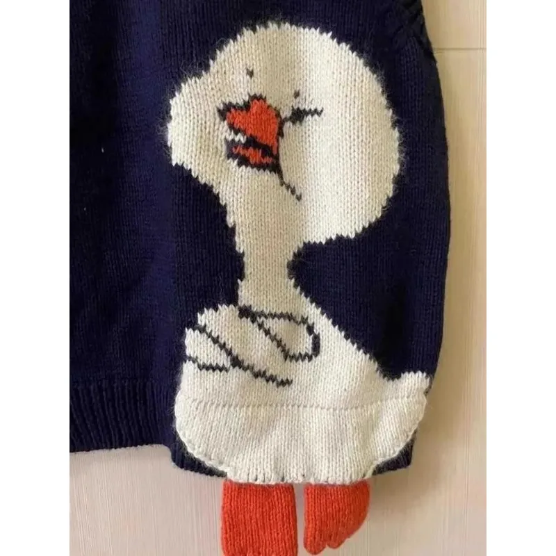 Korean Loose Lazy Style Cartoon Duck Vest Sweater Design Niche Retro Black Sweater for Women Autumn and Winter